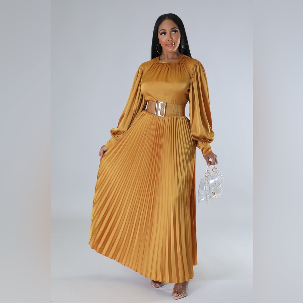 Gold LS Pleated Satin Dress